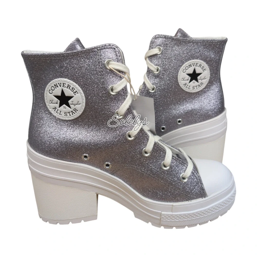 Converse Chuck 70 De Luxe Heel Platform Gunmetal Silver Glitter Sneaker Boot 9.5